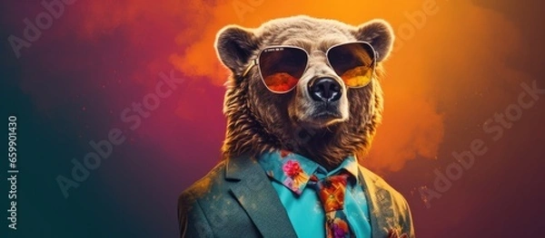 Obraz Animal bear portraits, Cool business animal in sunglasses and suit. With copy text space, wide screen. Simple background, Generative AI