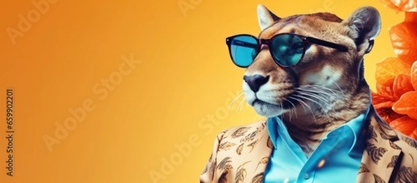 Fototapeta Animal cougar portraits, Cool business animal in sunglasses and suit. With copy text space, wide screen. Simple background, Generative AI