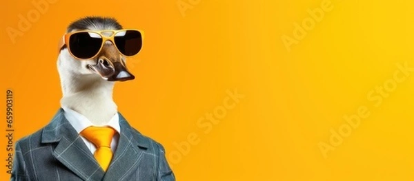 Fototapeta Animal duck portraits, Cool business animal in sunglasses and suit. With copy text space, wide screen. Simple background, Generative AI