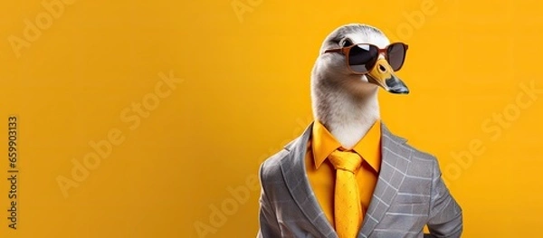 Fototapeta Animal duck portraits, Cool business animal in sunglasses and suit. With copy text space, wide screen. Simple background, Generative AI