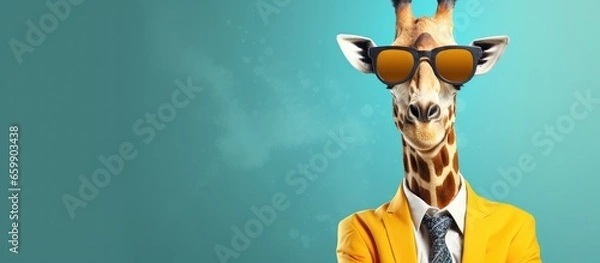 Fototapeta Animal giraffe portraits, Cool business animal in sunglasses and suit. With copy text space, wide screen. Simple background, Generative AI