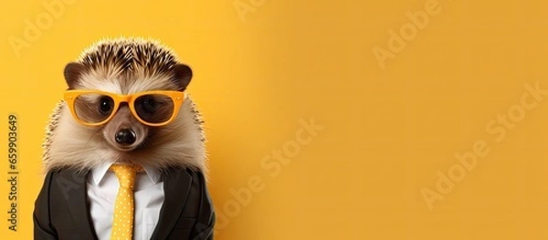 Obraz Animal hedgehog portraits, Cool business animal in sunglasses and suit. With copy text space, wide screen. Simple background, Generative AI