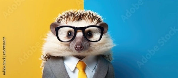 Obraz Animal hedgehog portraits, Cool business animal in sunglasses and suit. With copy text space, wide screen. Simple background, Generative AI