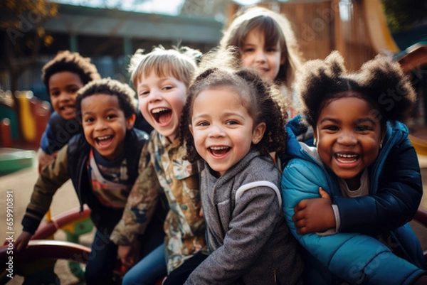 Fototapeta A diverse group of children, various abilities and backgrounds, play joyfully on an inclusive playground, celebrating unity, laughter, and acceptance