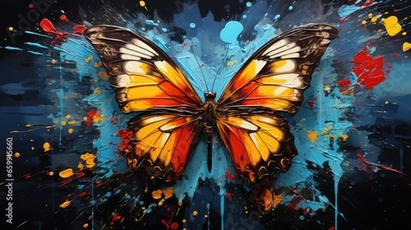Fototapeta A painting of a butterfly on a black background. Imaginary AI picture.