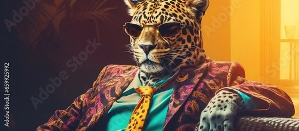 Fototapeta Animaljaguar portraits, Cool business animal in sunglasses and suit. With copy text space, wide screen. Simple background, Generative AI