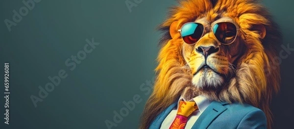 Obraz Animal lion portraits, Cool business animal in sunglasses and suit. With copy text space, wide screen. Simple background, Generative AI