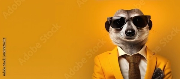 Fototapeta Animal meerkat portraits, Cool business animal in sunglasses and suit. With copy text space, wide screen. Simple background, Generative AI