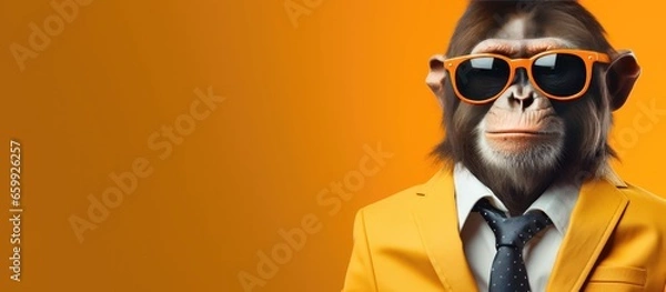 Fototapeta Animal monkey portraits, Cool business animal in sunglasses and suit. With copy text space, wide screen. Simple background, Generative AI