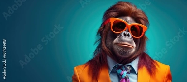 Fototapeta Animal orangutan portraits, Cool business animal in sunglasses and suit. With copy text space, wide screen. Simple background, Generative AI