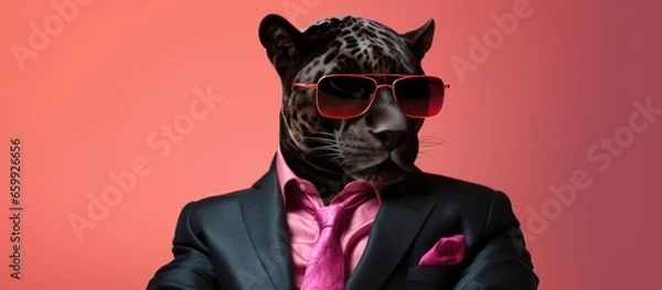 Obraz Animal panther portraits, Cool business animal in sunglasses and suit. With copy text space, wide screen. Simple background, Generative AI