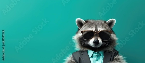 Fototapeta Animal racoon portraits, Cool business animal in sunglasses and suit. With copy text space, wide screen. Simple background, Generative AI