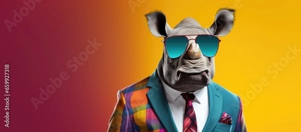 Obraz Animal rhino portraits, Cool business animal in sunglasses and suit. With copy text space, wide screen. Simple background, Generative AI