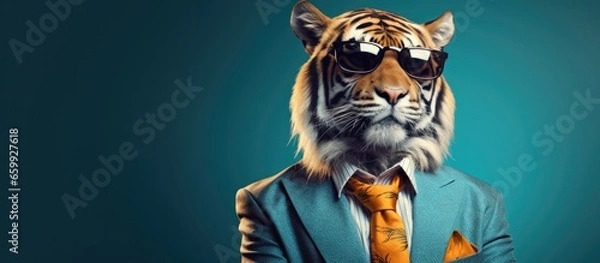 Fototapeta Animal tiger portraits, Cool business animal in sunglasses and suit. With copy text space, wide screen. Simple background, Generative AI