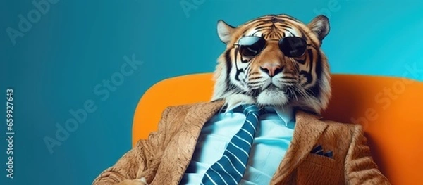 Obraz Animal tiger portraits, Cool business animal in sunglasses and suit. With copy text space, wide screen. Simple background, Generative AI