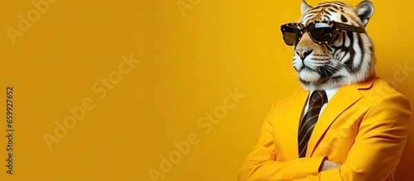 Obraz Animal tiger portraits, Cool business animal in sunglasses and suit. With copy text space, wide screen. Simple background, Generative AI