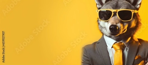 Fototapeta Animal wolf portraits, Cool business animal in sunglasses and suit. With copy text space, wide screen. Simple background, Generative AI