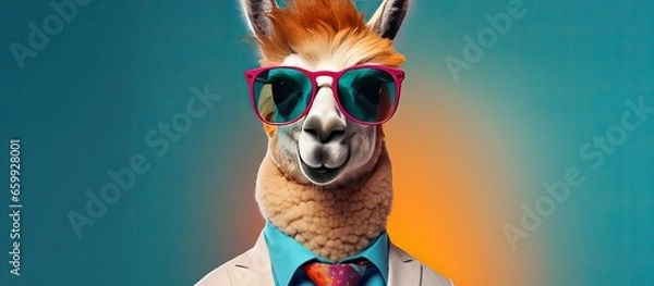 Fototapeta Animal llama portraits, Cool business animal in sunglasses and suit. With copy text space, wide screen. Simple background, Generative AI