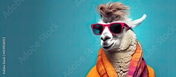 Obraz Animal llama portraits, Cool business animal in sunglasses and suit. With copy text space, wide screen. Simple background, Generative AI