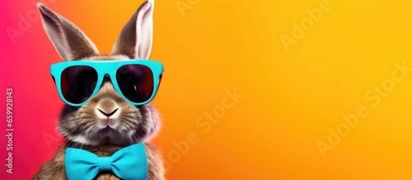 Obraz Animal bunny portraits, Cool business animal in sunglasses and suit. With copy text space, wide screen. Simple background, Generative AI