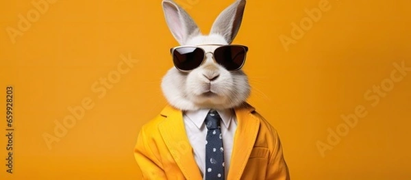Obraz Animal bunny portraits, Cool business animal in sunglasses and suit. With copy text space, wide screen. Simple background, Generative AI