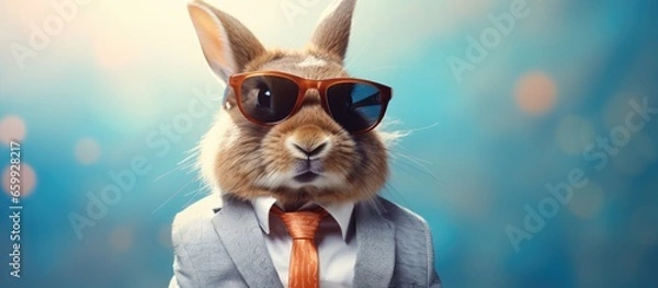 Obraz Animal bunny portraits, Cool business animal in sunglasses and suit. With copy text space, wide screen. Simple background, Generative AI