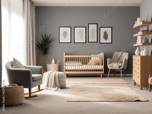 Fototapeta Minimalist interior in a modern nursery room with elegant furniture. AI Generation.