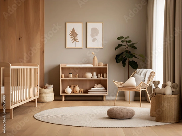Fototapeta Charming wood nursery room with room design. AI Generation.