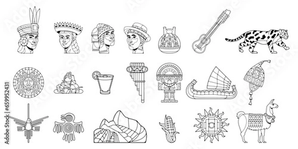 Fototapeta Vector Traditional Peru Icons Set Illustration Isolated