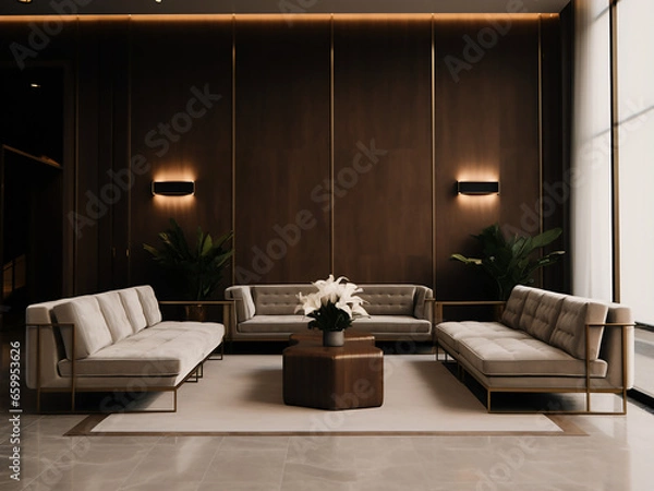 Fototapeta A warm and inviting reception with trendy interior. AI Generation.