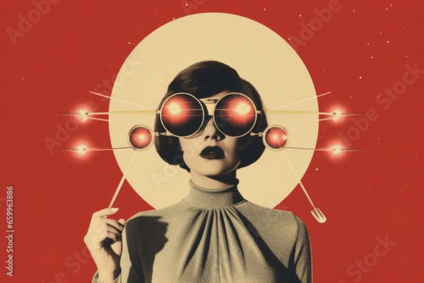 Obraz Fine art, pop art concept. Minimalist and surreal retro art collage with woman portrait. Grunge effect style. Geometric shapes and tiny ornate details in background. Generative AI
