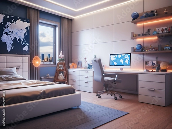 Fototapeta High-tech child room blending design and gadgets. AI Generation.