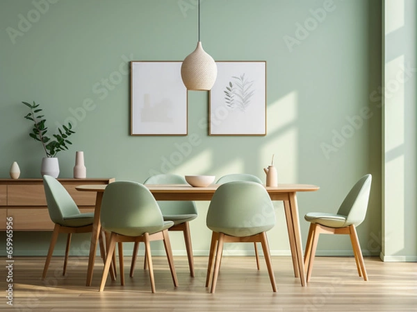 Fototapeta Refreshing green dining room with modern furniture. AI Generation.