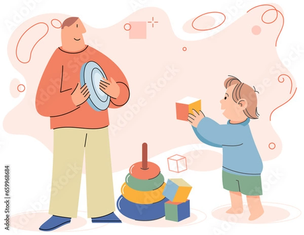 Fototapeta Happy father and son playing with toys together. Dad with kid spending time together at home in childrens room. Parent and child relationship, happy fatherhood and parenting. Happy family joyful time