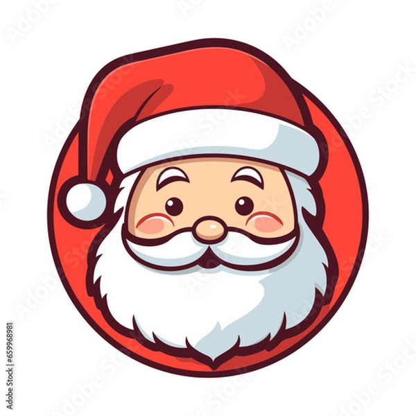 Fototapeta Vector Cute Funny Smiling Santa Claus Head Icon, sticker isolated on white. Design Template for Holiday Merry Christmas and Happy New Year Greeting Cards, Stickers, Banners