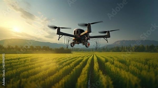 Fototapeta Agriculture drone flying and spraying fertilizer and pesticide over farmland,High technology innovations and smart farming