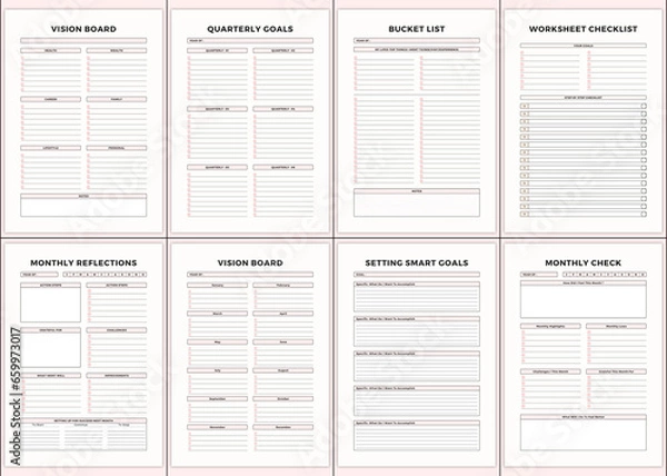 Fototapeta Minimalist planner pages templates. Printable Life & Business Planner . Vision Board,Quarterly Goals,Bucket List,Worksheet Checklist,Monthly Reflections,Vision Board,Setting Smart Goals,Monthly Check,
