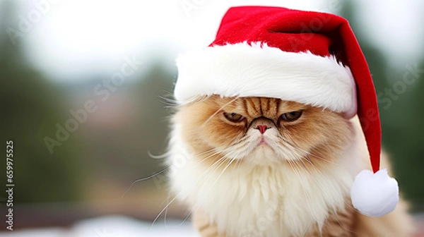 Obraz Angry Cat in Santa Claus Red Hat for Christmas and New Year