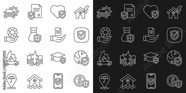 Fototapeta Set line Money with shield, Shield world globe, Life insurance, bag, Lifebuoy hand, Car accident and Contract icon. Vector