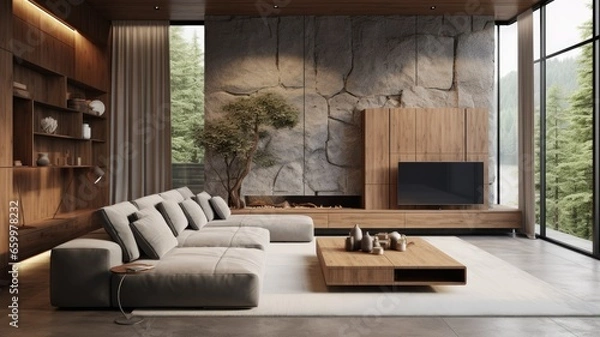 Fototapeta an inviting and cozy atmosphere in a minimalist living room by showcasing comfortable seating, soft textures, and carefully chosen decor elements. the balance between simplicity and warmth.