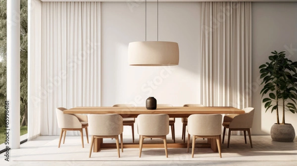 Fototapeta Simple and elegant dining room with a wooden table, modern chairs