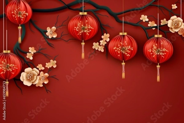 Fototapeta chinese red oriental lanterns with flowers on a red background