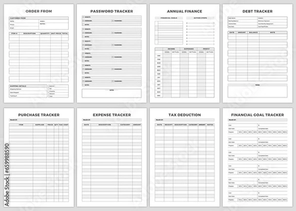 Fototapeta Minimalist planner pages templates. Order From,Password Tracker,Annual Finance,Debt Tracker,Purchase Tracker,Expense Tracker,Tax Deduction,Financial Goal Tracker,
 Printable Planner Page .