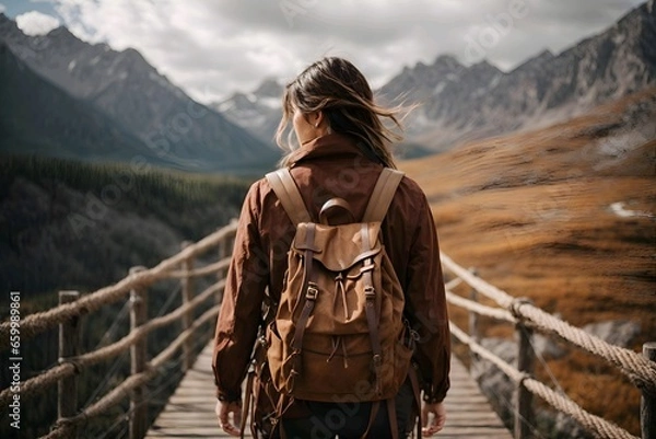 Obraz Back view of a hiker woman crossing a hanging bridge 