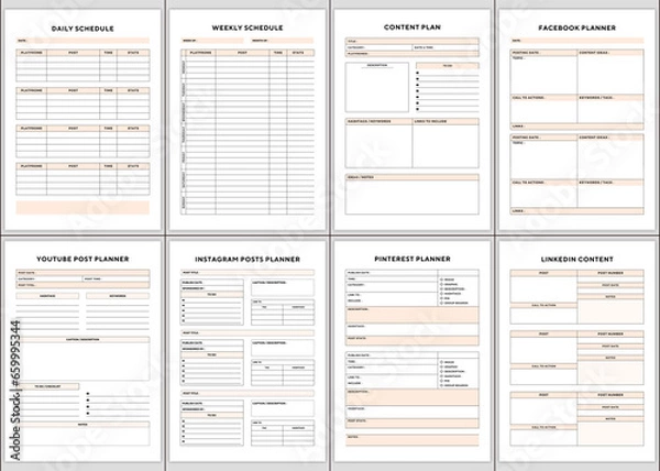 Fototapeta Minimalist planner pages templates.daily schedule,weekly schedule,content plan,facebook planner,youtube post planner,Instagram Posts Planner,pinterest planner,linkedin conten  Printable Planner Page .
