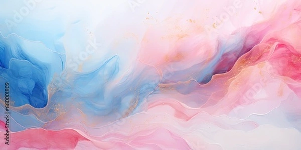 Fototapeta Abstract watercolor paint background illustration - Soft pastel pink blue color and golden lines, with liquid fluid marbled paper texture