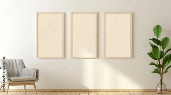 Fototapeta interior of a room. Blank Portrait Framed Unframed, Light Beige and Beige Style, Minimalist Canvases, Three Vertical Frames