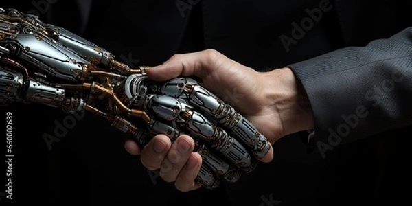 Fototapeta Handshake of man and robot. Modern technologies.