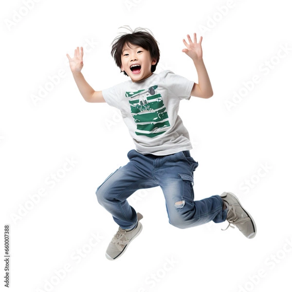 Fototapeta Asian happy boy jumping isolated on white or transparent background. AI Generated.