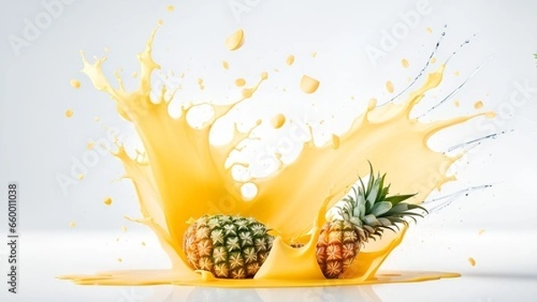 Fototapeta Pineapple bursts with juice splash on isolated white background.